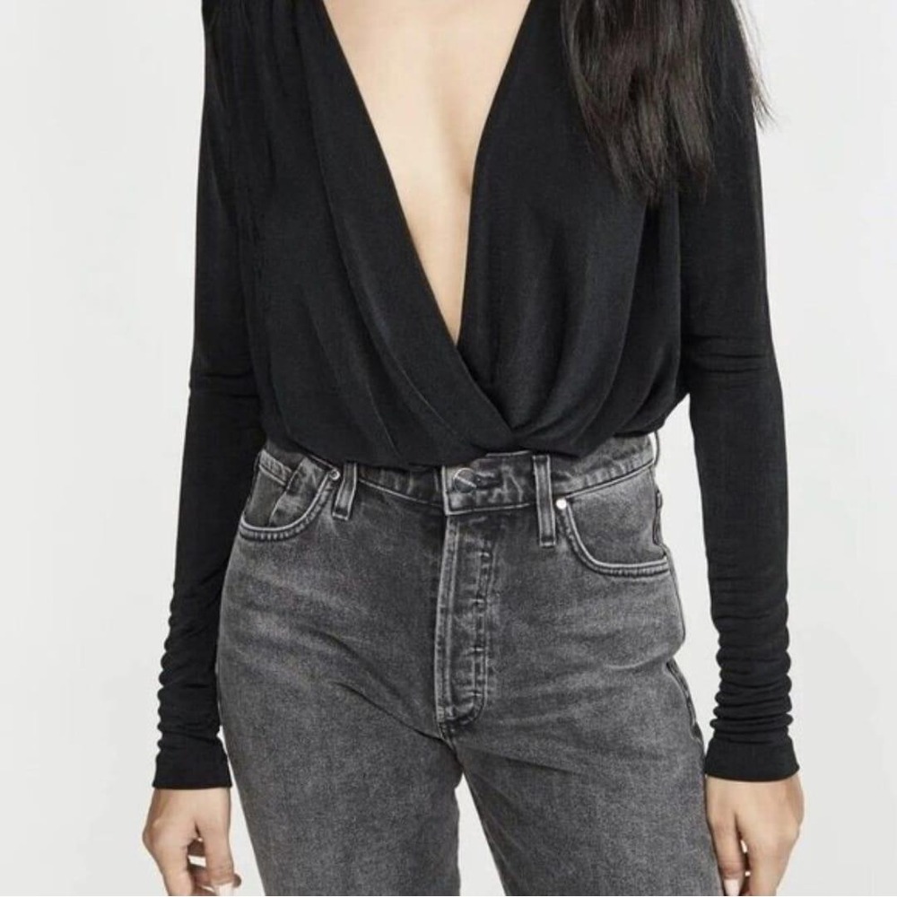 Intimately Free People Black Deep V Wrap Long Sleeve Bodysuit Medium OB510166